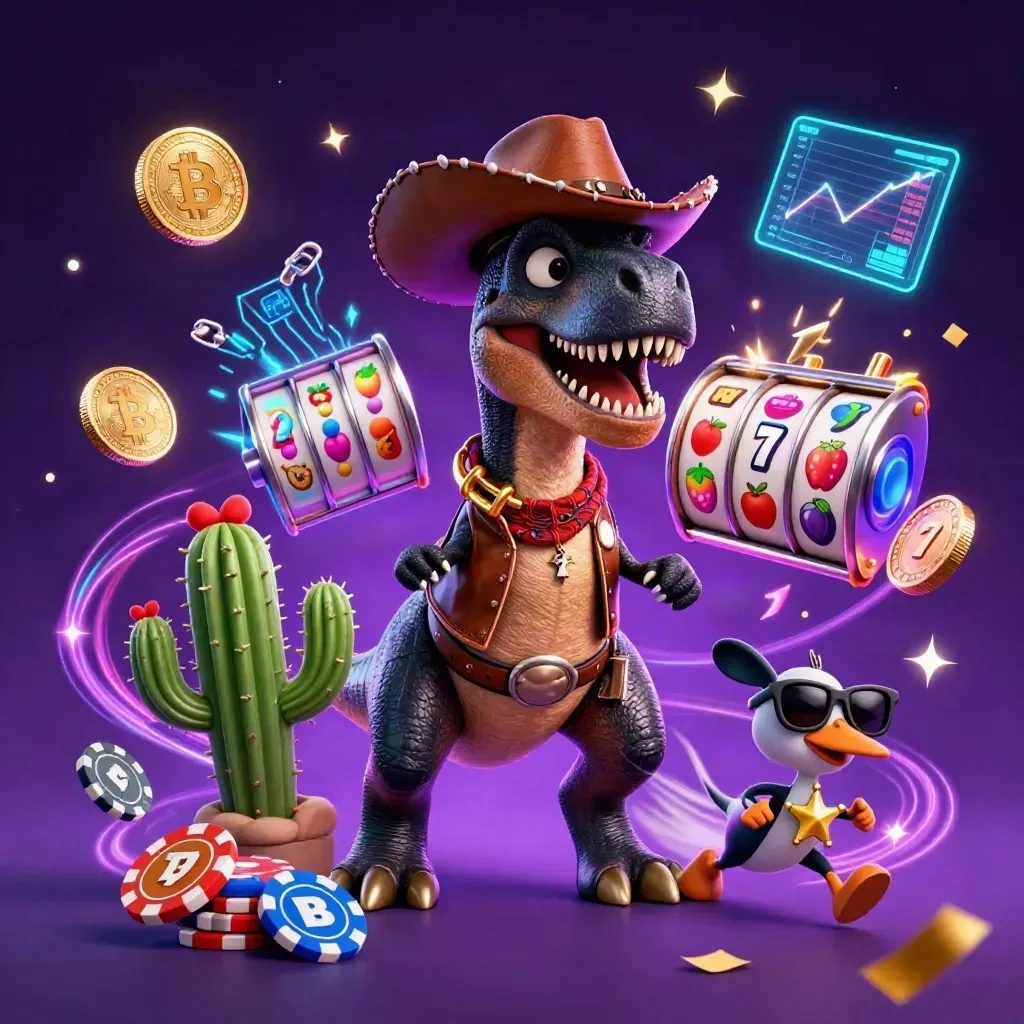Cowboy T-Rex, cactus sidekick, and roadrunner amid neon crypto casino energy on a dark violet-black background.