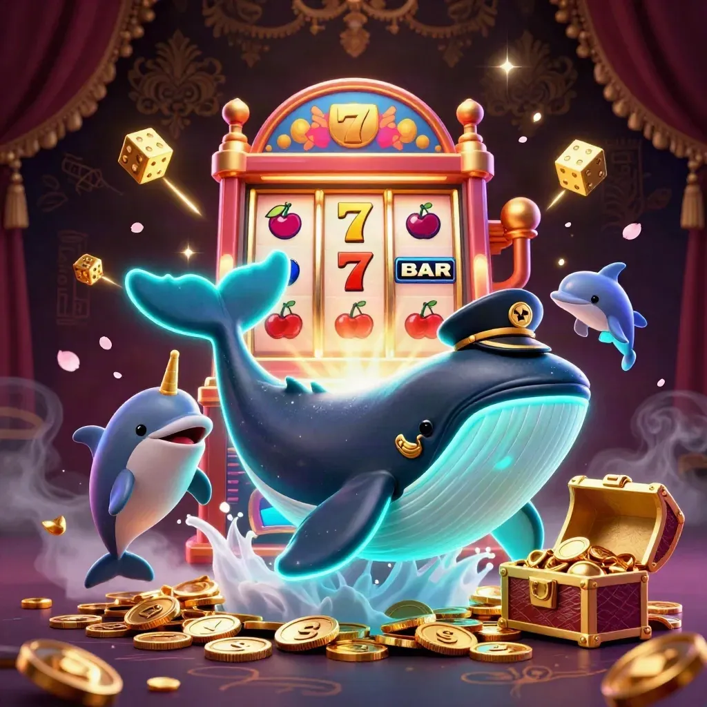 Cyan-lit whale captain breaches coins with narwhal, dolphins, slot symbols, gold, and dark casino glow.