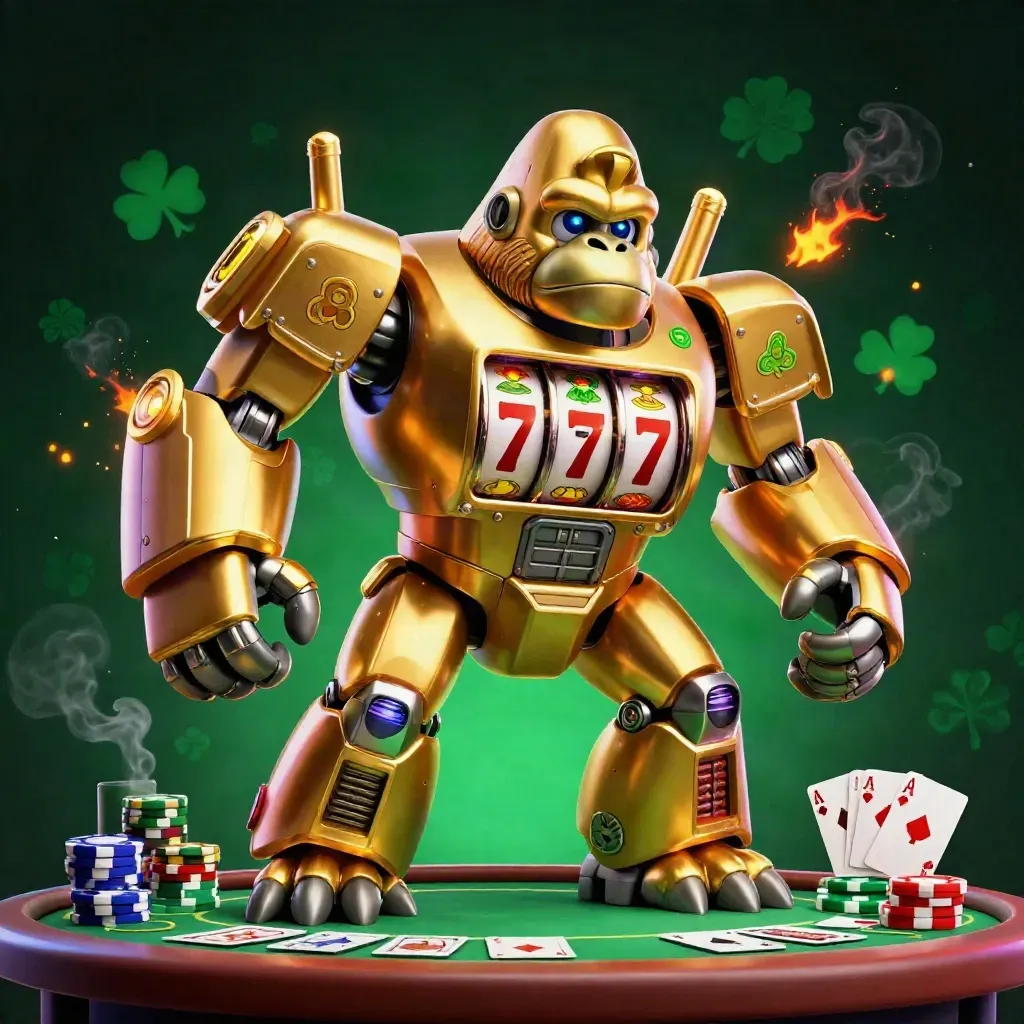 Golden gorilla slot-mech with tiny pilot, poker chips, aces, and neon casino effects.