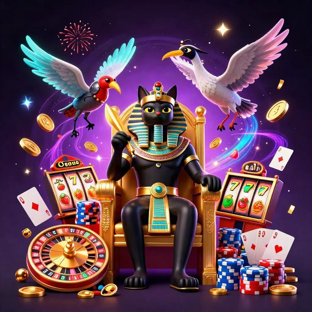 Pharaoh cat on golden throne with ibis scribe, scarabs, coins, chips, cards, and neon casino effects.