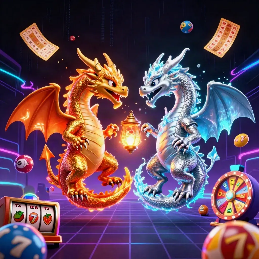Twin gold and silver dragons spiral in a neon casino burst with reels, balls, tickets, and a lantern spirit.