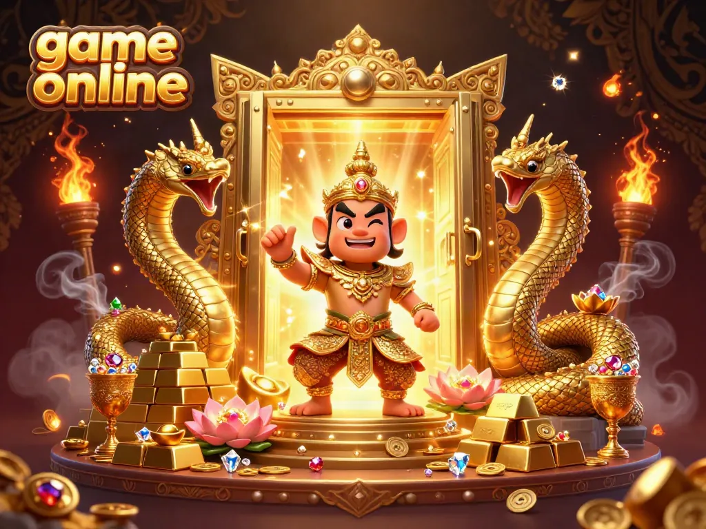 Experience game online excitement with vibrant treasure vault, golden characters, and dazzling gems.