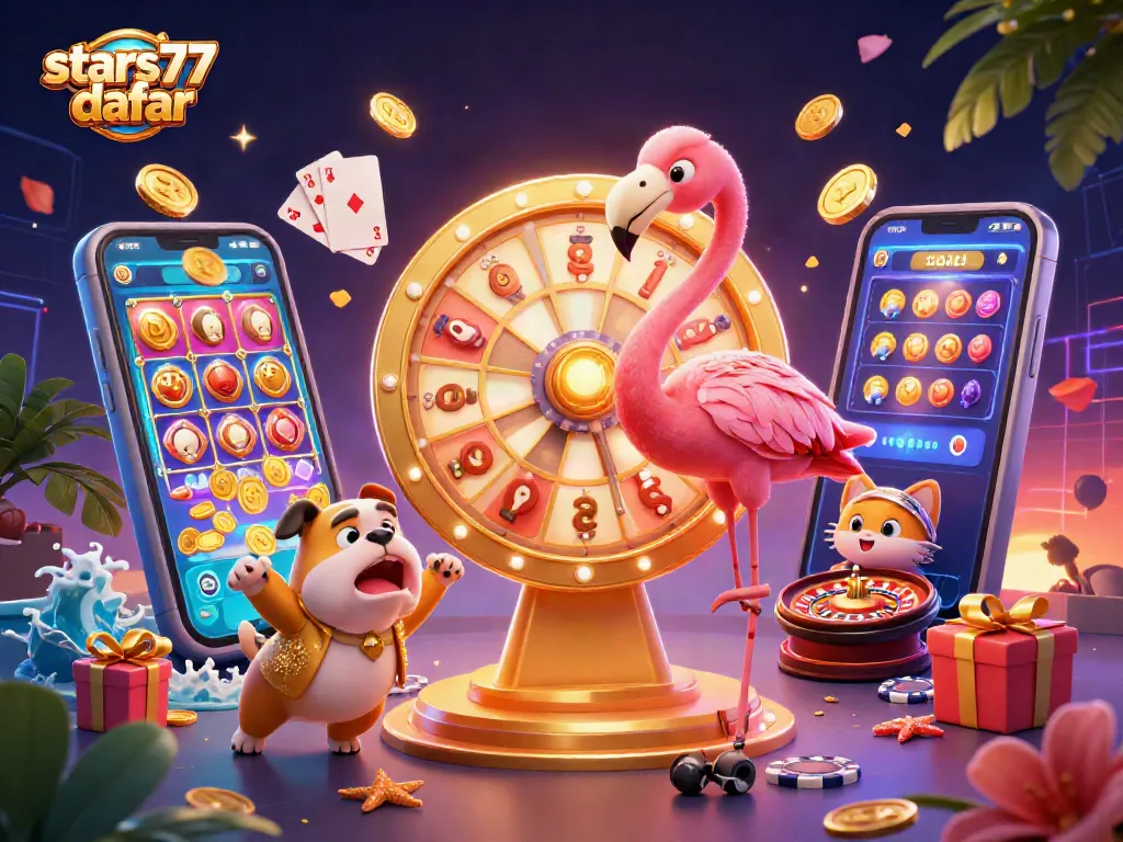 Permainan slot di stars77 daftar dikelilingi karakter kartun 3D dan elemen kasino.