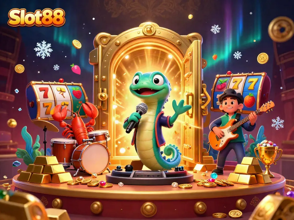 Experience Slot88 with a lively underwater casino scene featuring a DJ electric eel and vibrant game elements.