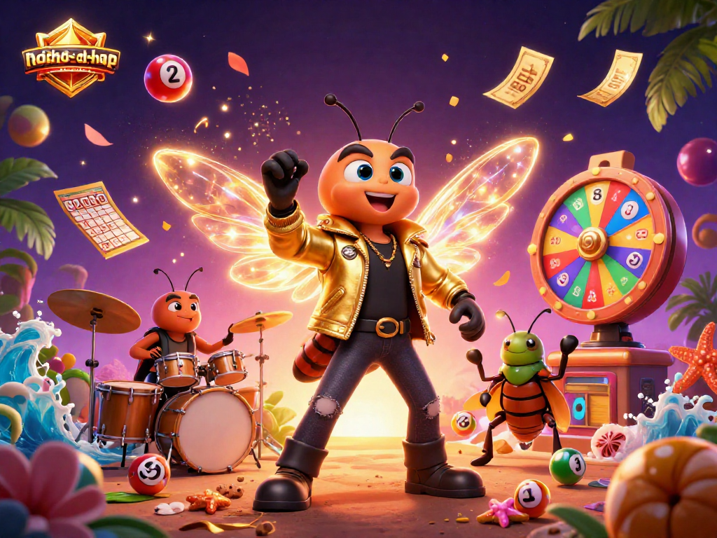 Engage in the excitement of nohu-toa-thap as a rock star cicada claims the stage, surrounded by vibrant dynamic game elements.