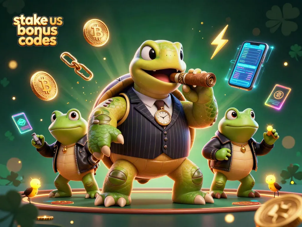Engage with stake us bonus codes through a lively casino scene with vibrant characters and crypto elements.