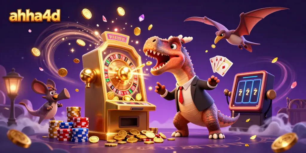 Experience massive wins with ahha4d as a pachycephalosaurus crashes a golden slot machine with coins flying everywhere.