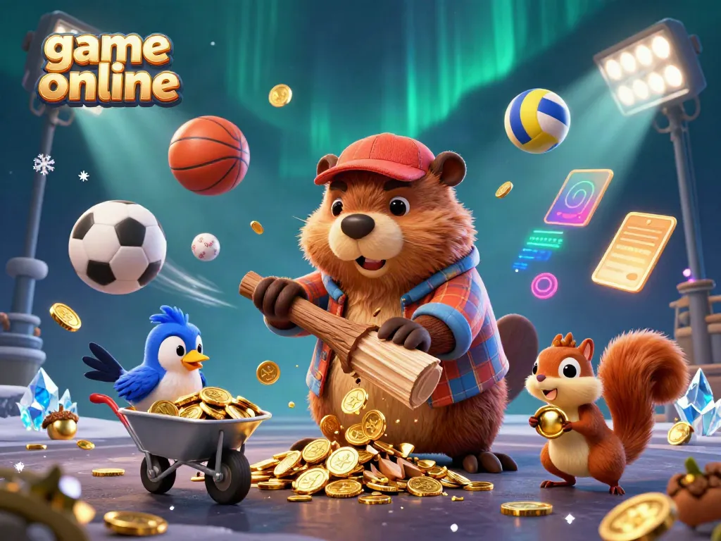 Experience thrilling game online action with cartoon characters amidst gold raining from trees.