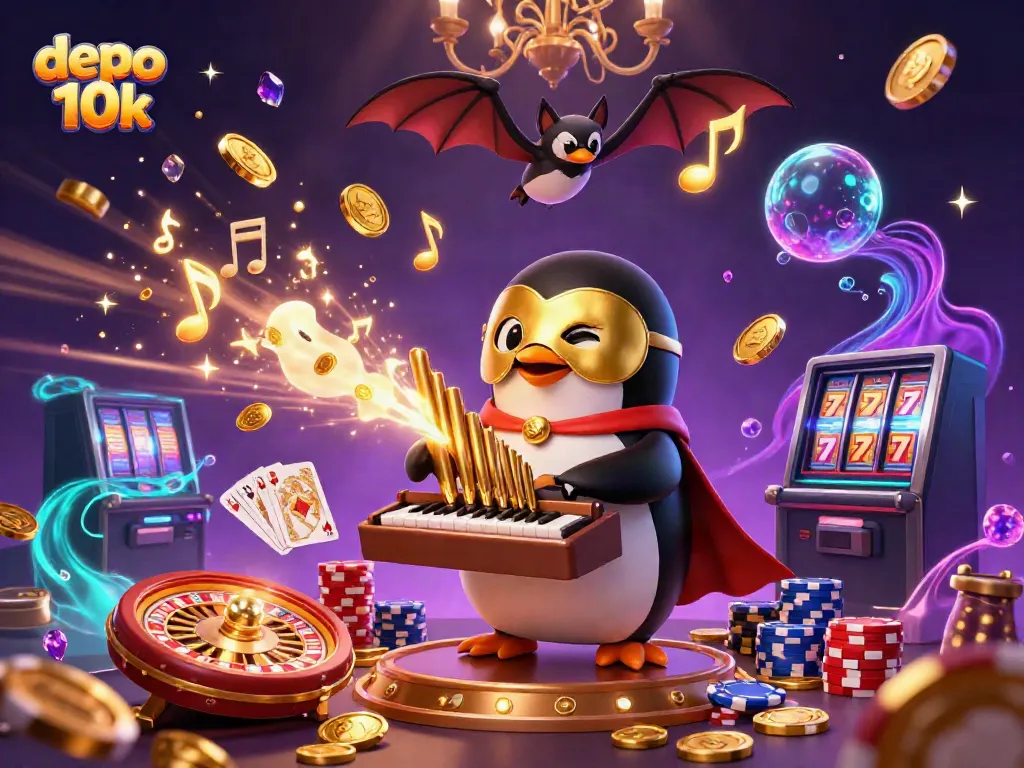 Experience the exciting world of depo 10k as a phantom penguin plays for coins and wins in this vibrant casino scene.