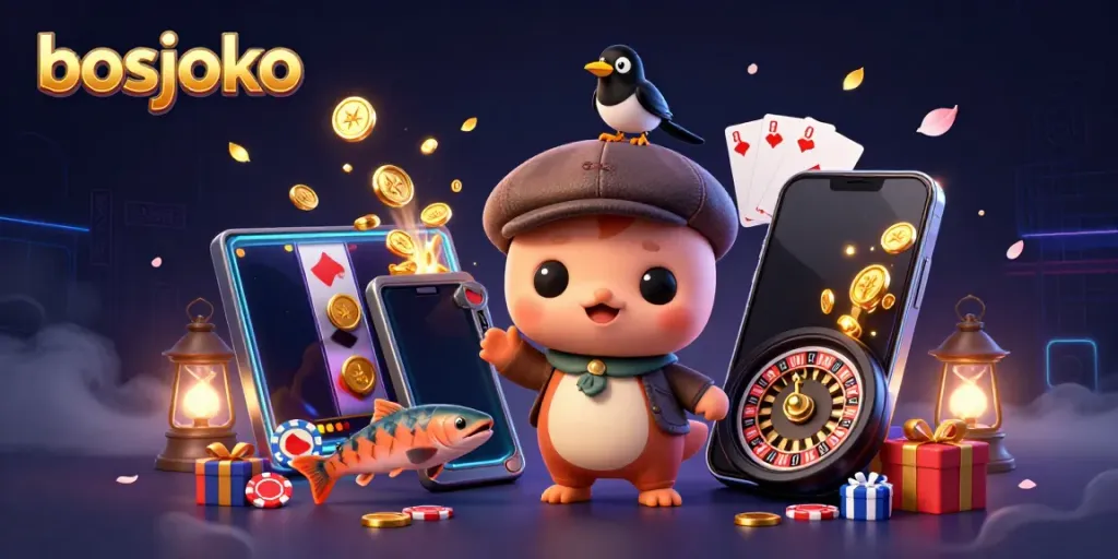 Experience the thrill of gaming with bosjoko's vibrant 3D illustration of Nessie and friends surrounded by casino elements.
