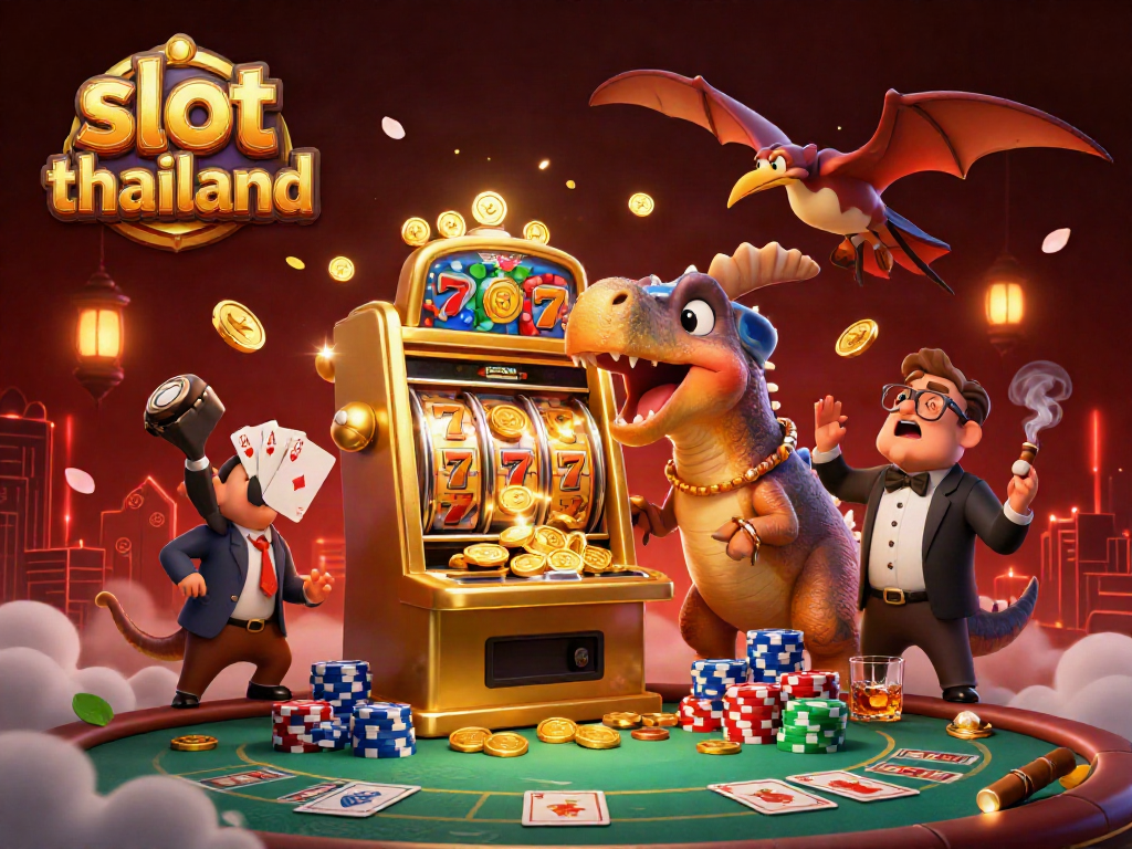 Engaging slot thailand scene with a dinosaur winning at a slot machine amidst animated casino elements.