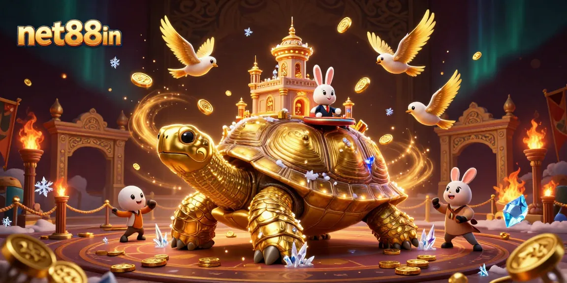 Experience fortune at net88in with a golden tortoise casino, rabbit dealer, and flying coins.