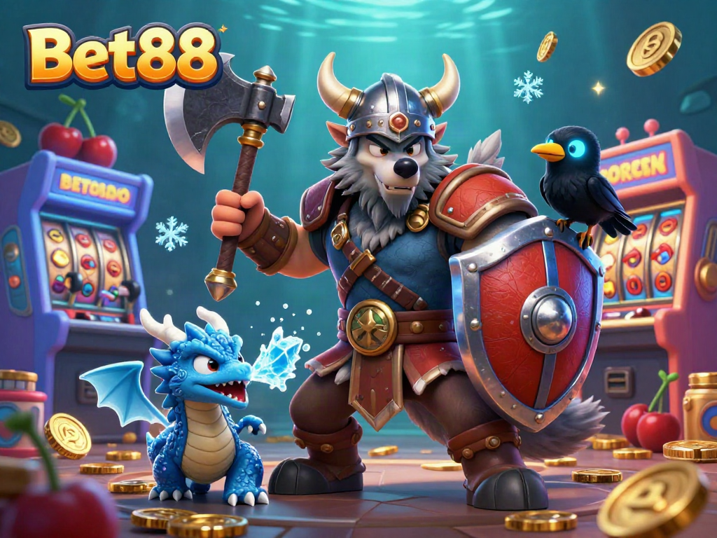 Bet88 players engage in vibrant 3D gaming with cartoon Viking, dragon, and raven surrounded by casino elements.