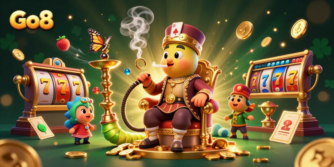 Experience Go8's exciting jackpot action with vibrant slot reels and dynamic casino elements in a captivating 3D scene.