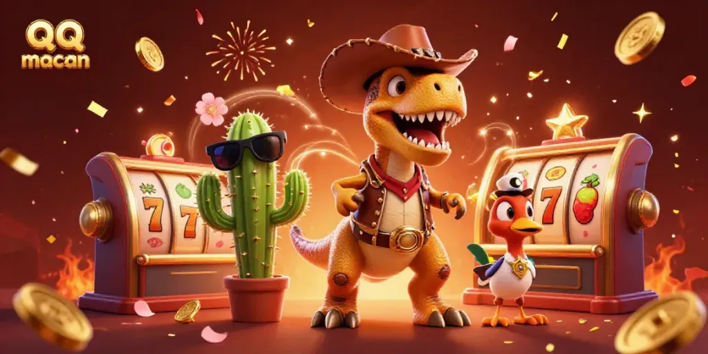 Engage in thrilling slots action with qq macan featuring a cowboy dinosaur and animated casino elements.