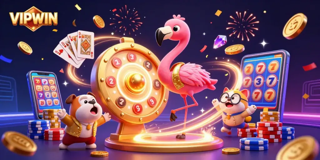 VIPWIN game show host flamingo with spinning prize wheel, joyful bulldog contestant, cat assistant in a casino-themed scene.