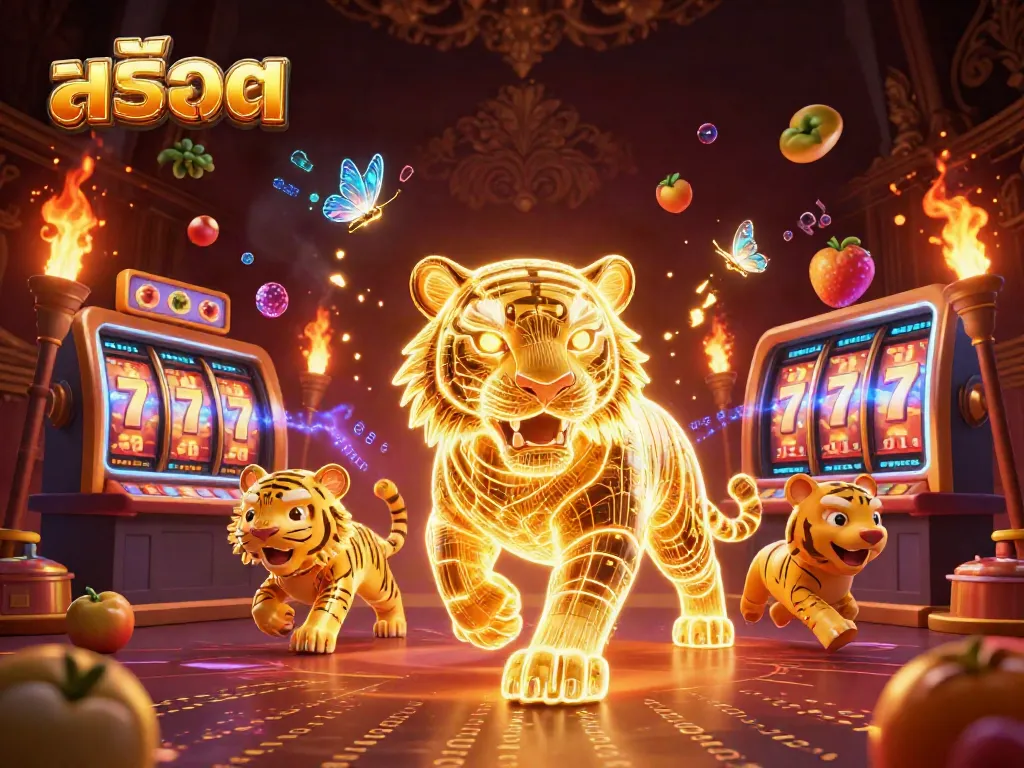 Experience the excitement of สล็อต with vibrant slot reels and golden symbols in a dazzling casino.