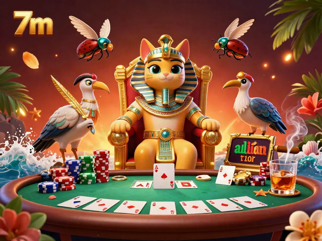 7m showcases a lively scene of an Egyptian pharaoh cat and ibis scribe amid poker chaos, highlighting thrilling gambling excitement.