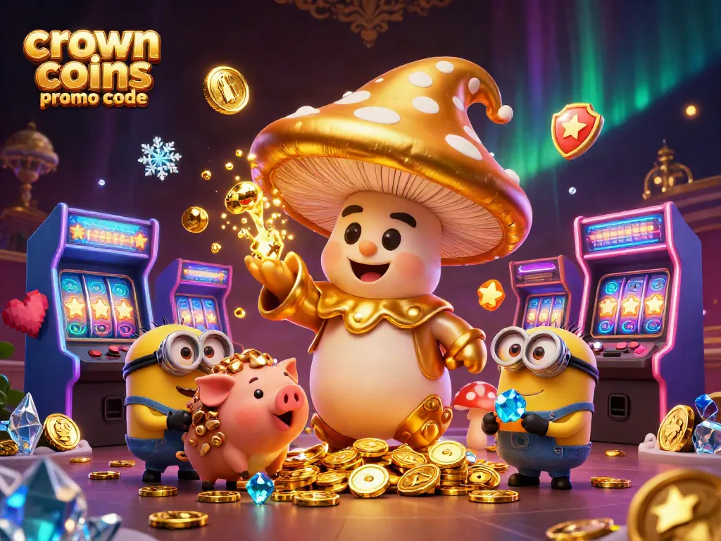 Engage with Crown Coins Casino promo code for free play, featuring magical characters and gaming elements.