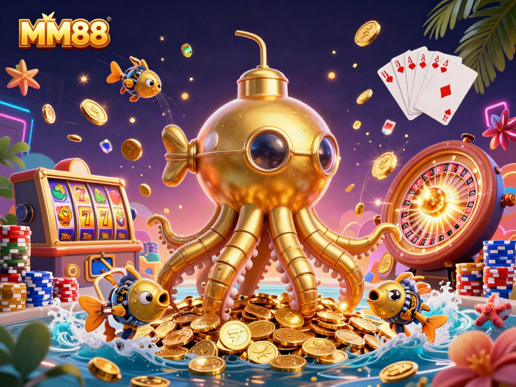 Win big with MM88's immersive casino experience featuring a golden kraken and dynamic slots!