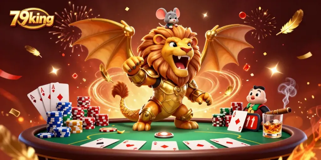 Experience thrilling poker action with a golden chimera at 79king's casino, showcasing vibrant game elements.