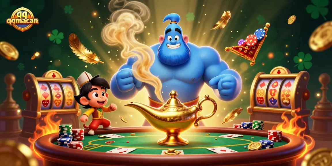 Experience thrilling games at qqmacan with a vibrant scene featuring a magical floating lamplights and poker chips.