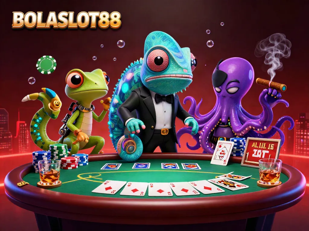 Engage with BOLASLOT88's vibrant casino atmosphere featuring animated characters and dynamic poker elements.