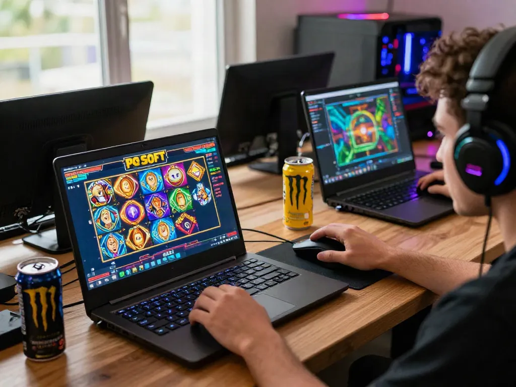 Player enjoying Slot MAHJONGJP88 on laptop, vibrant gaming accessories enhance the experience.
