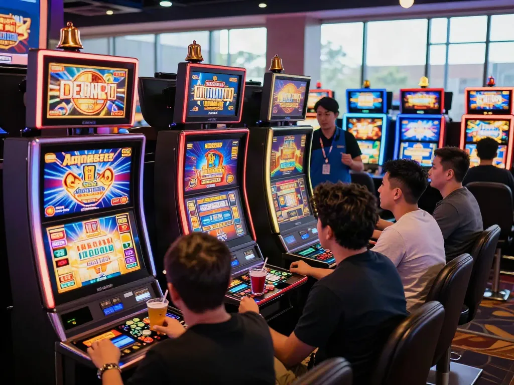 Players enjoying various slot games at a lively casino with vibrant lights and engaging atmosphere.