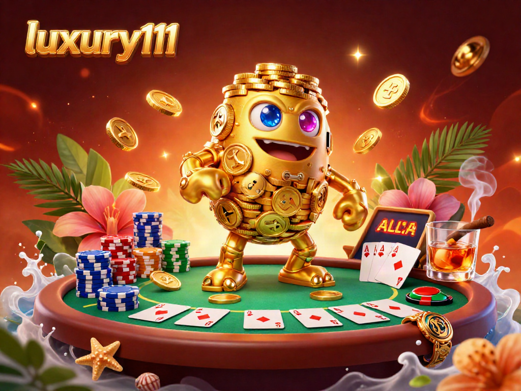 Engage with luxury111 in a vibrant 3D casino scene featuring a golden golem, poker elements, and a lively atmosphere.