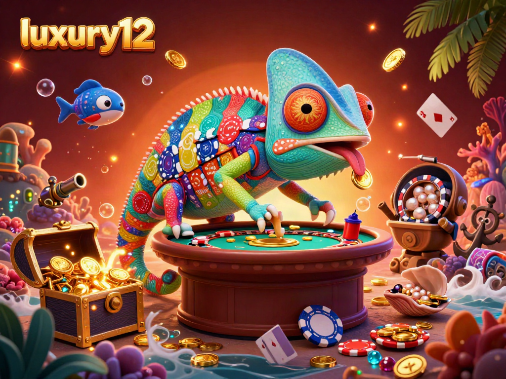 Engage with luxury12 at an imaginative casino scene featuring a colorful chameleon surrounded by treasure!