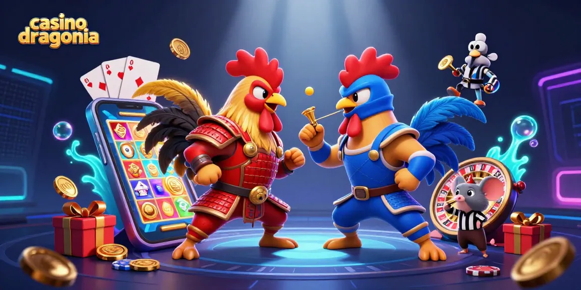 Plongez dans l'univers de casino dragonia et assistez à un combat épique entre deux coqs dans un décor coloré.