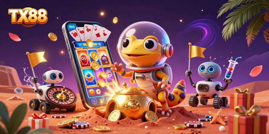 Experience thrilling gameplay at TX88 with Martian gecko exploring a golden casino amid vibrant game elements.