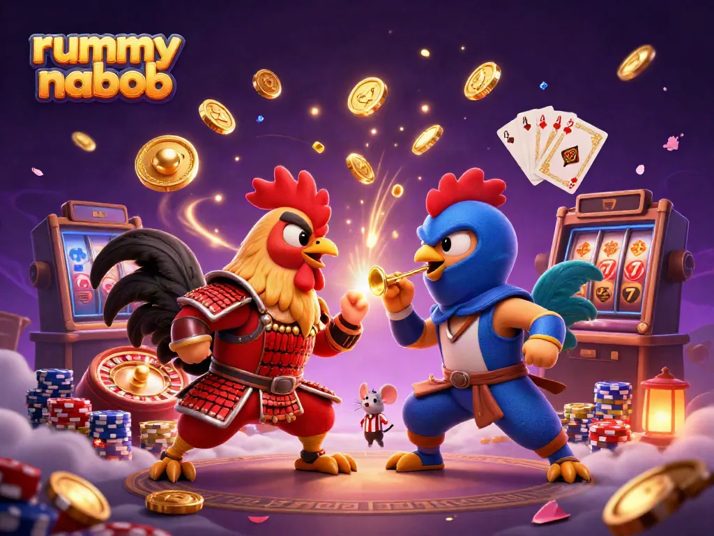 Mainan judi rummy nabob dengan ayam bertarung dan elemen kasino yang berkilau.