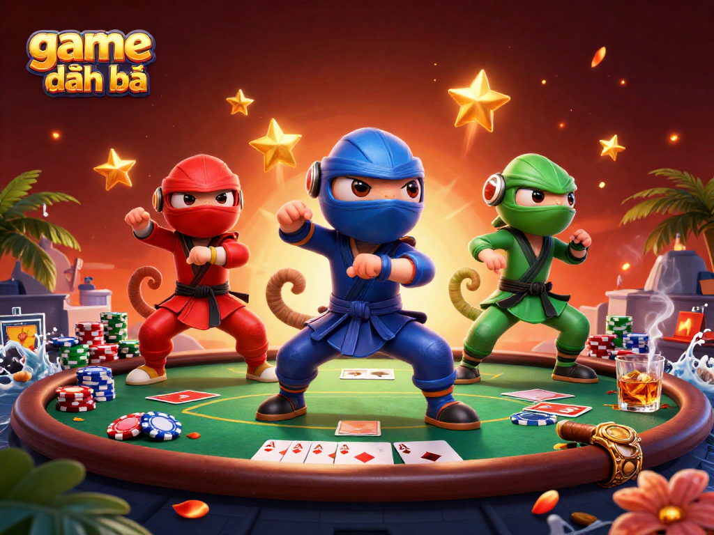 Experience action in game đánh bài with ninja chameleons and poker elements, dynamic 3D art.