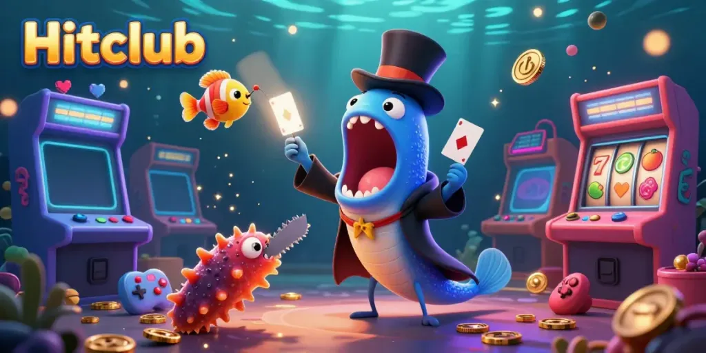Hitclub branded casino illustration with magical sea creatures performing for vibrant slot machines.