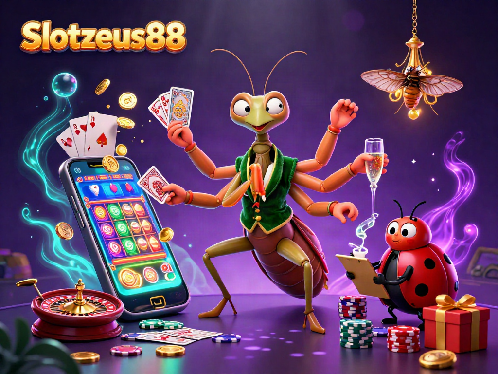 Experience the excitement of Slotzeus88 with a vibrant scene featuring animated characters engaged in casino games.