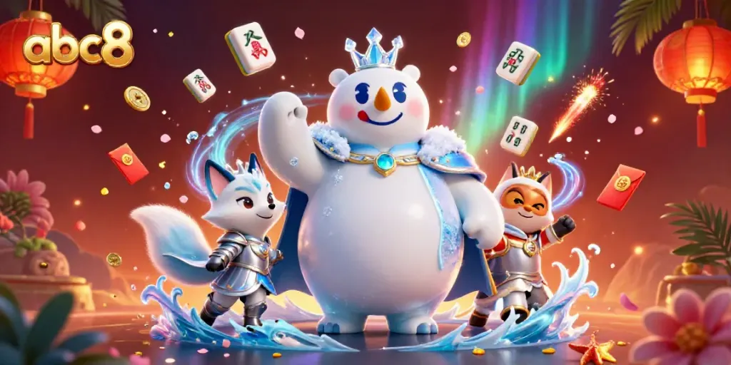 Experience exciting gameplay at abc8 with a vibrant scene of a polar bear and snow fox among festive casino elements.
