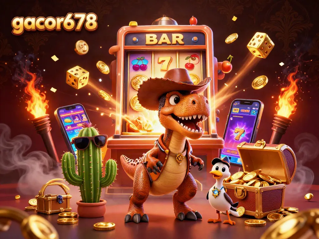 Experience the excitement at gacor678 with a colorful slot machine jackpot, dinosaurs, and casino elements.