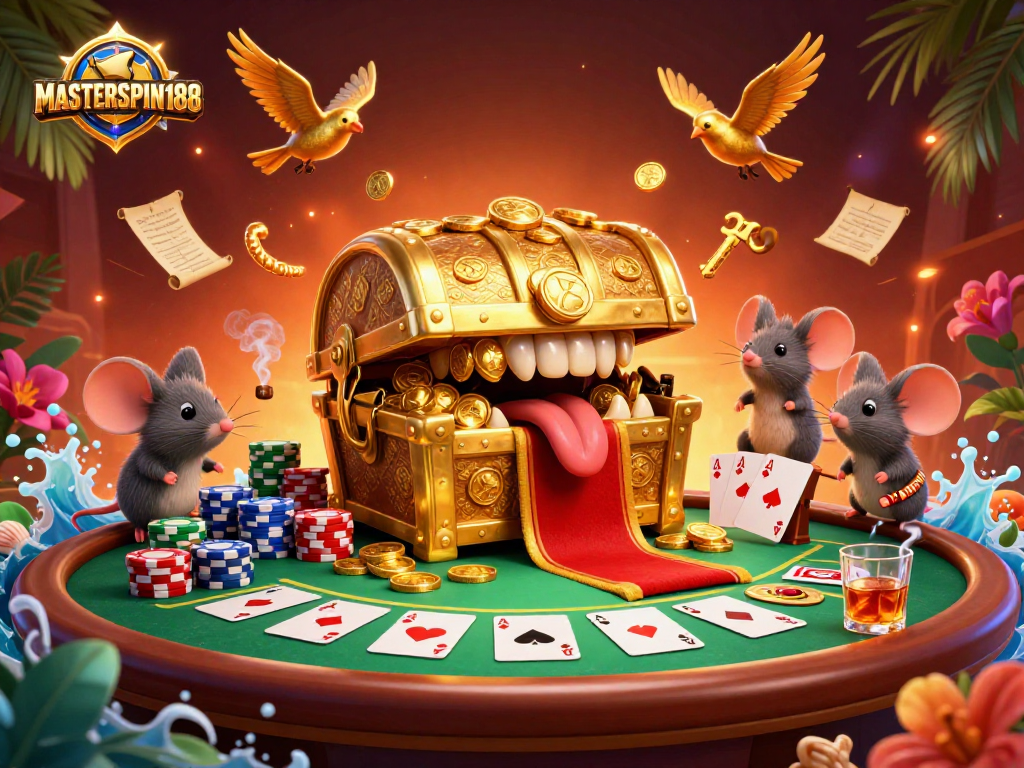 Masterspin188 invites players into a vibrant casino adventure with treasure chests and poker action.