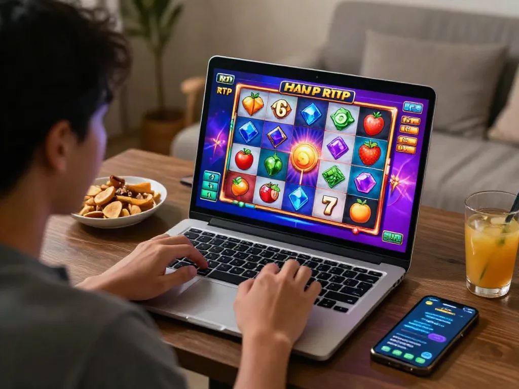 Engaging scene of a player enjoying slot online gacor on a laptop with colorful graphics in a cozy home setting.