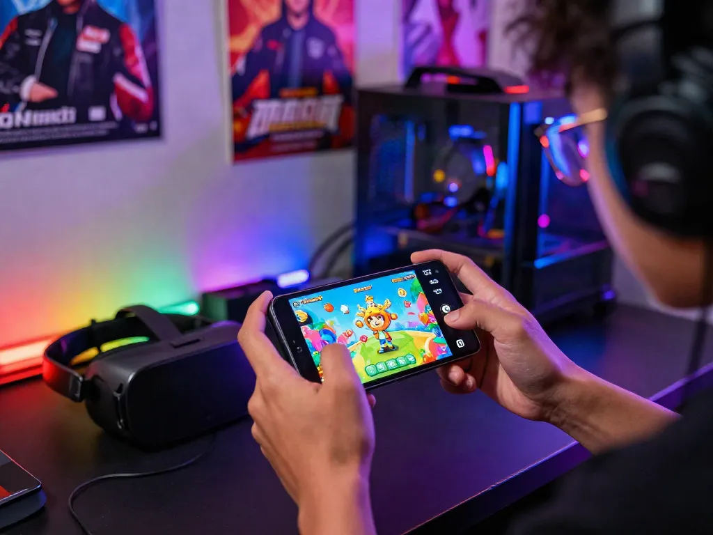 Engaged gamer playing QQMacan on mobile device, vibrant atmosphere with gaming accessories.