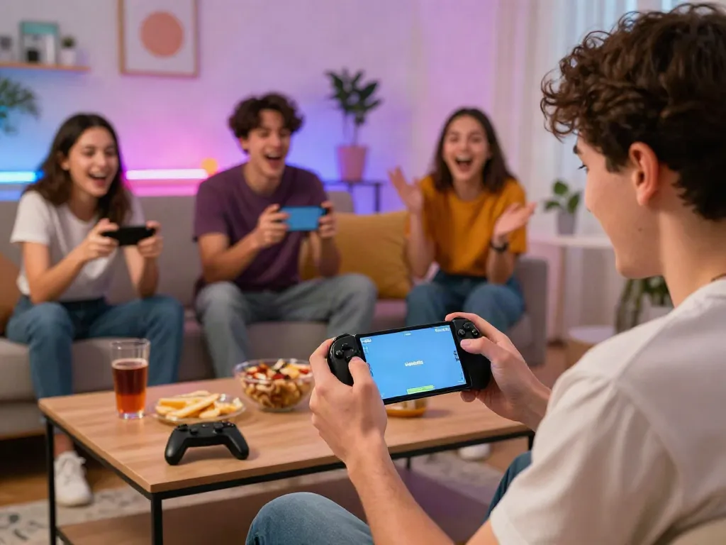 Engaging scene of young adults enjoying Yono Games on a smartphone in a lively living room.