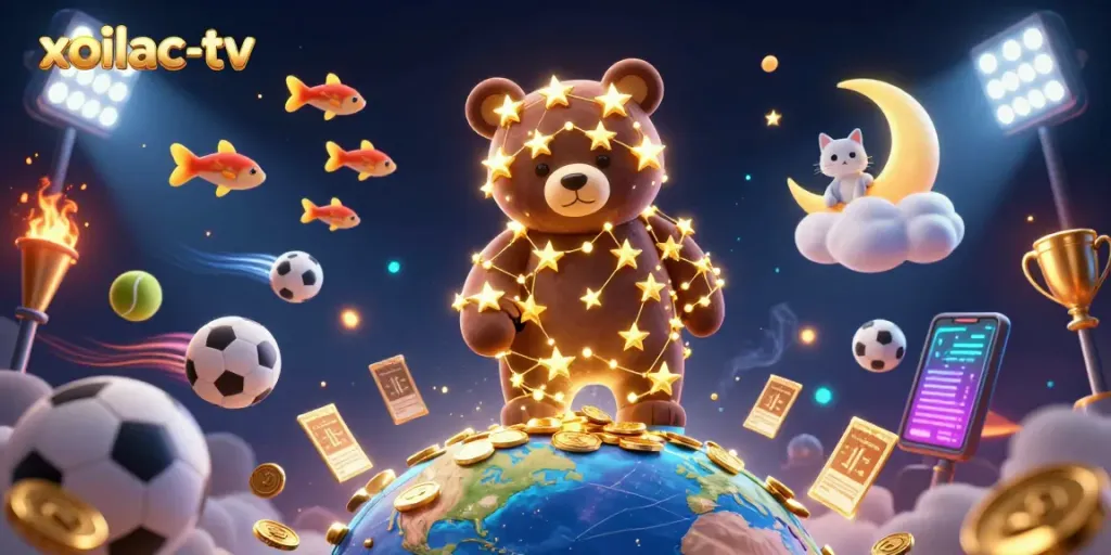 Experience sports betting excitement with xoilac-tv's dazzling 3D illustration featuring celestial characters and vibrant sports elements.