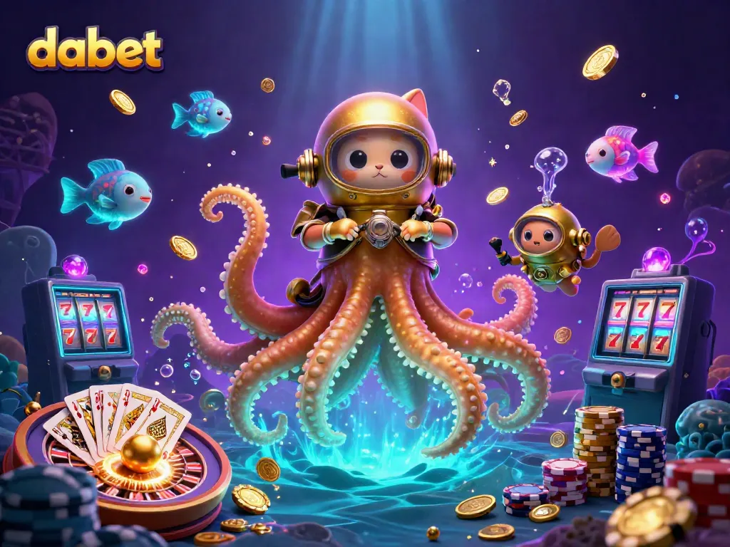 Engage with dabet's thrilling experience featuring a kraken, diving cat, and rich casino elements.