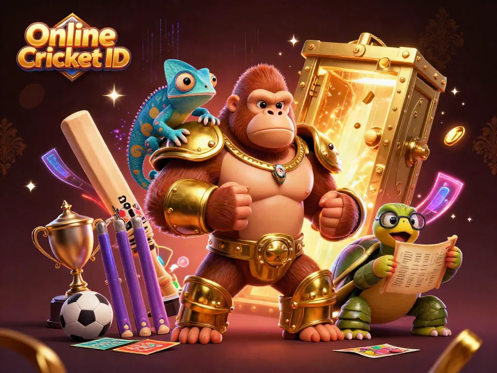 Bet smart with your Online Cricket ID in a vibrant scene featuring dynamic characters and gambling symbols.