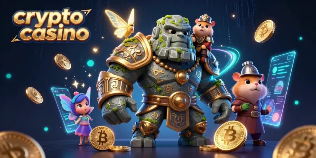 Engage in a thrilling crypto casino adventure with a magical golem, fairy, and hamster knight.