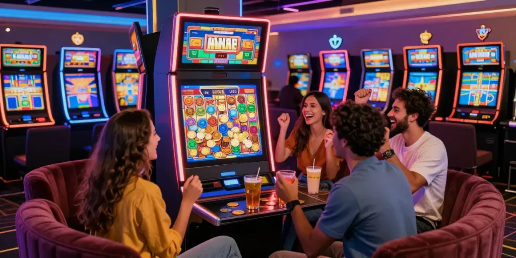 Exciting gaming scene at Luxury12 showcasing friends celebrating a big win on a slot machine.