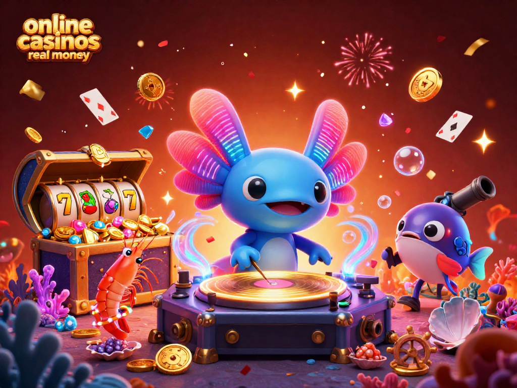 Engage with online casinos real money scene featuring a vibrant axolotl DJ with dancing shrimp.