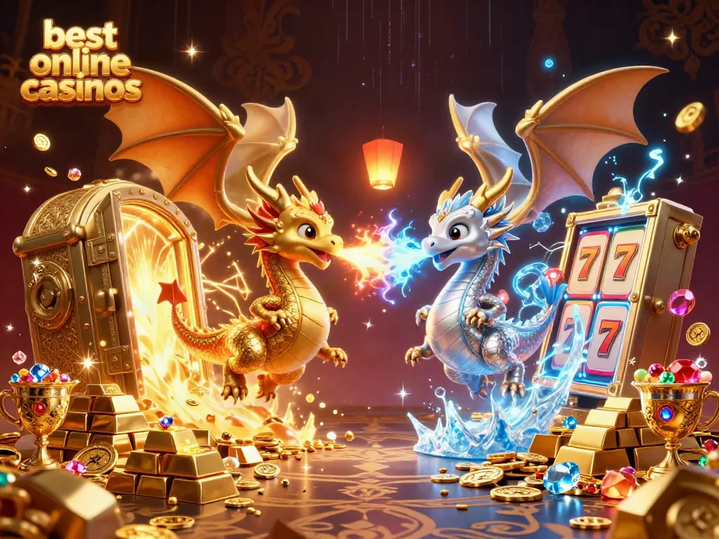 Engage with the best online casinos through a vivid 3D dragon-themed illustration showcasing dynamic gaming elements.